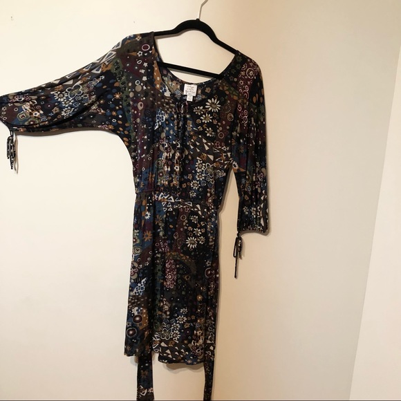 Suzie Chin Black multi colored rayon and spandex dress with belt - Picture 5 of 6